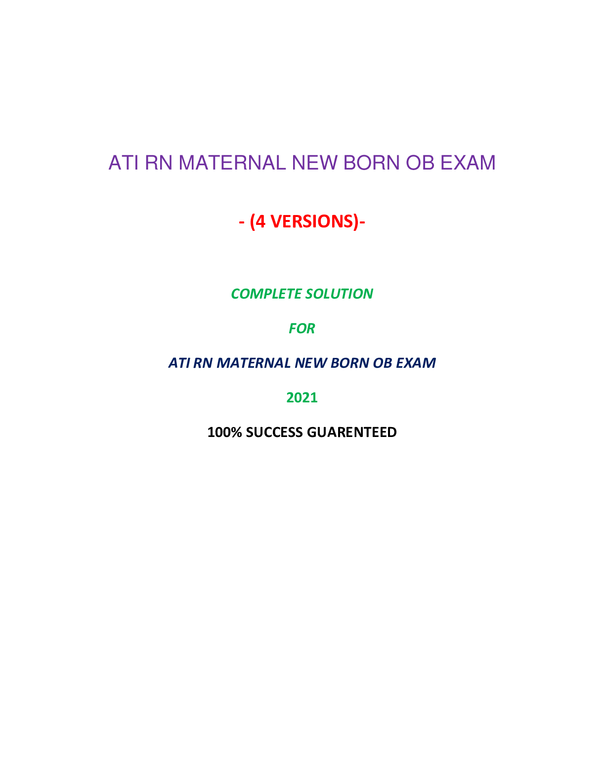Preview image for ATI RN MATERNAL NEWBERN OB EXAM(4 VERSIONS) |Verified and 100% Correct Q & A, Complete Document for ATI Exam|